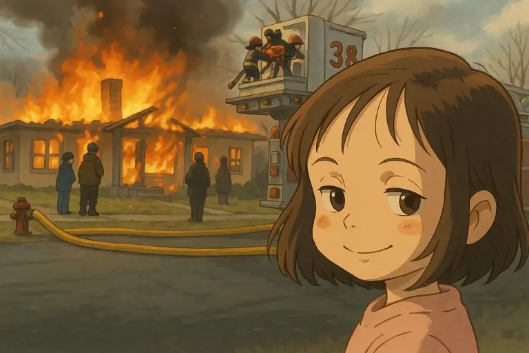 A contrasting scene: a smiling young girl in pink-orange top in the foreground, while a house burns in the background with fire truck number 38 and firefighters on scene