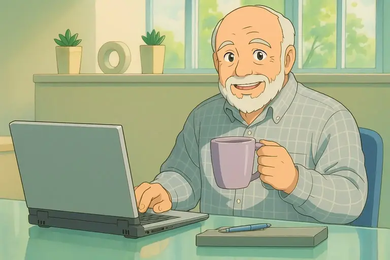 A white-haired elderly man with a gentle smile, sitting at a desk using a laptop while holding a purple mug, in a bright room with potted plants on the windowsill