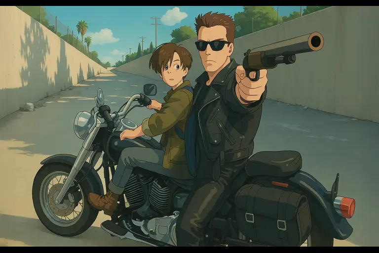 A creative Ghibli-style reinterpretation of Terminator 2: a man in black leather jacket and sunglasses riding a black Harley-Davidson motorcycle with a boy in green jacket, in a concrete drainage channel under bright California sky